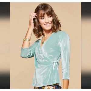 SPARTINA 449 Cassie Velvet Wrap Blouse Small Ice Blue BalletCore Glam Luxury